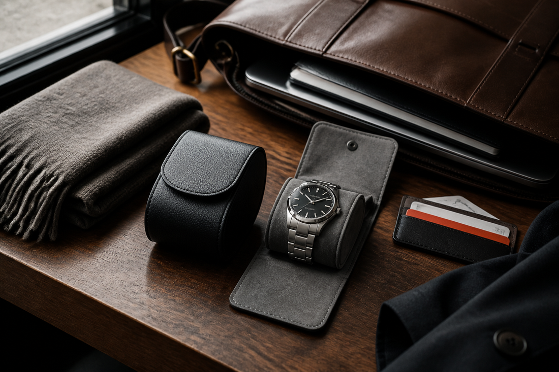 Structured watch case and soft pouch beside a commuter bag