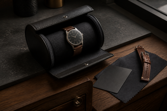 Leather watch strap curved naturally around a cushion in an open watch roll