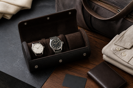 Open two-slot watch roll packed beside a weekend bag for a short trip
