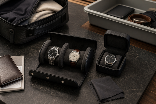 Watch roll and single watch case packed safely beside hand luggage