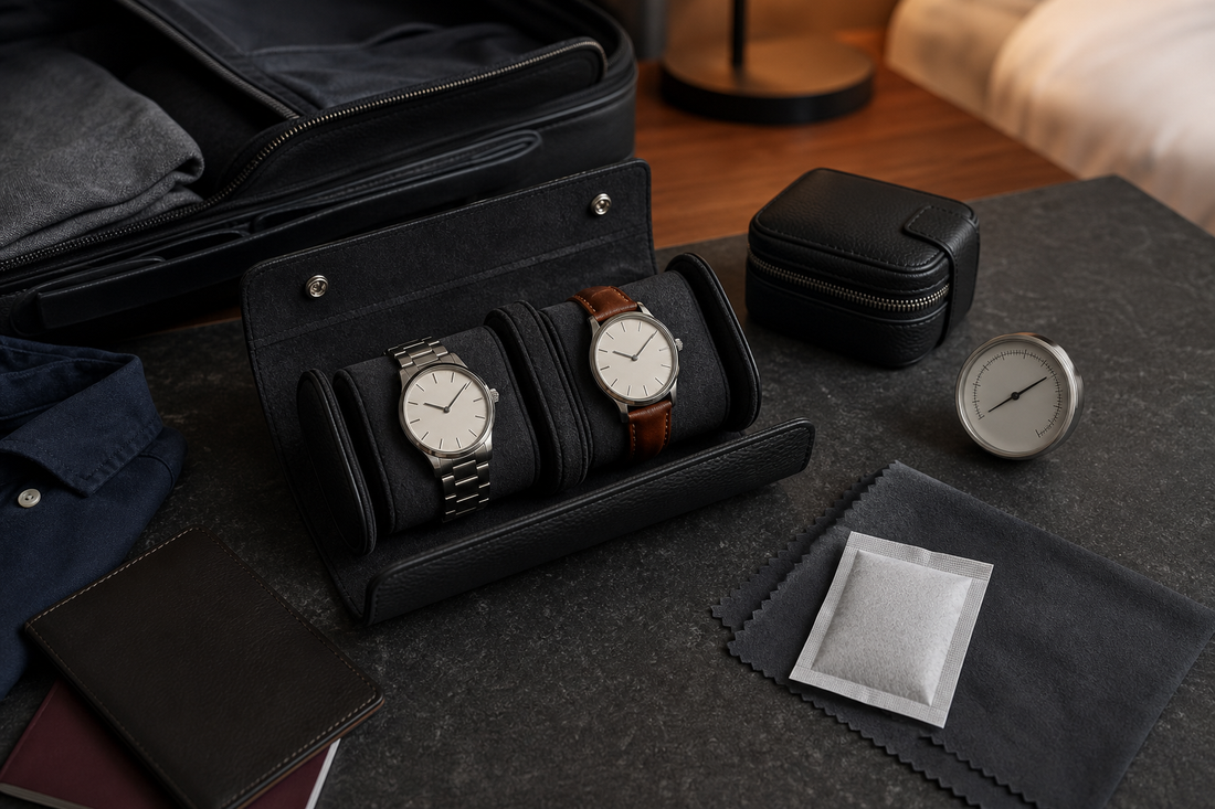 Watch roll and travel case arranged with a humidity gauge for watch travel care