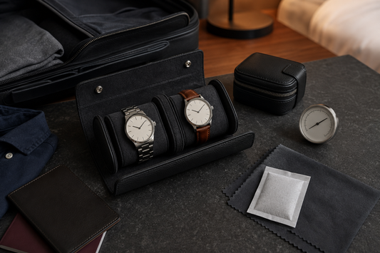 Watch roll and travel case arranged with a humidity gauge for watch travel care