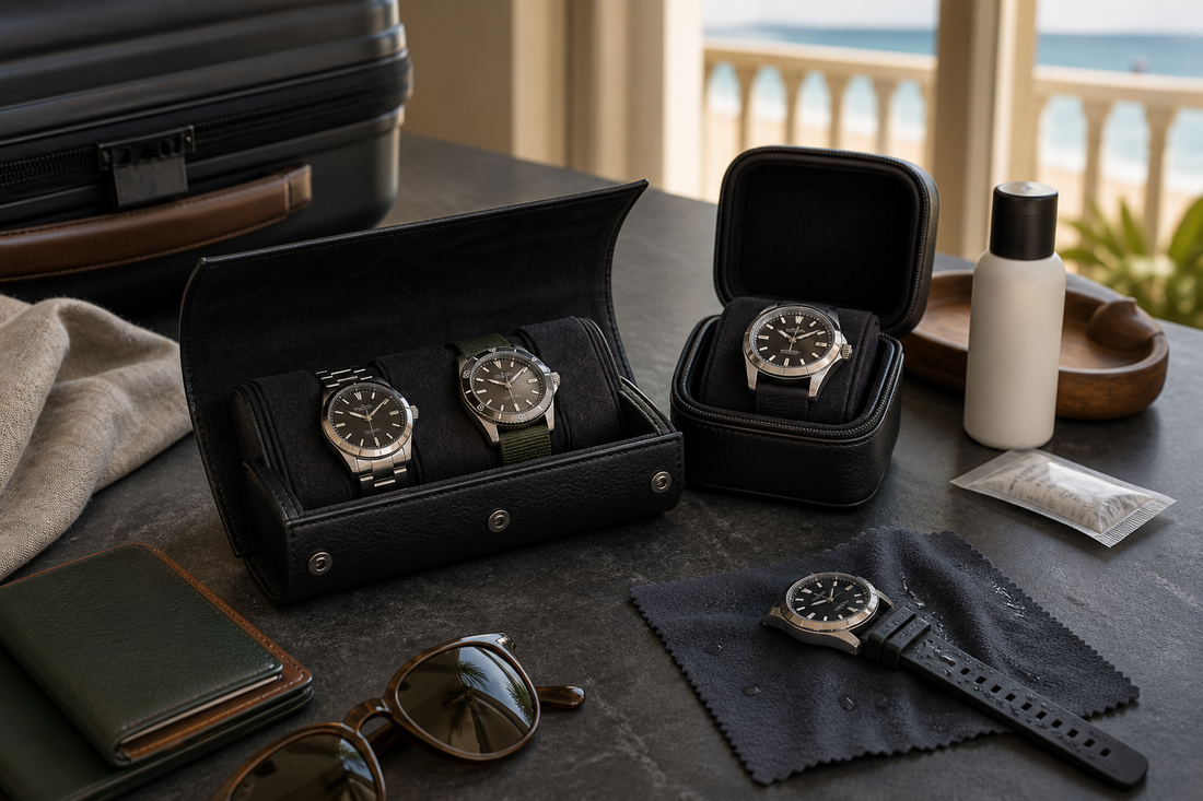 Watch roll and single case arranged for beach holiday watch storage