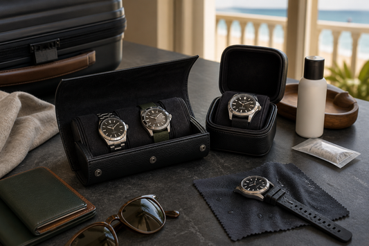 Watch roll and single case arranged for beach holiday watch storage