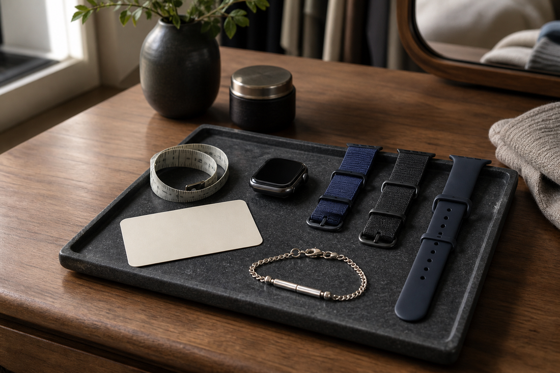 Apple Watch bands arranged with a measuring tape for small wrist fit