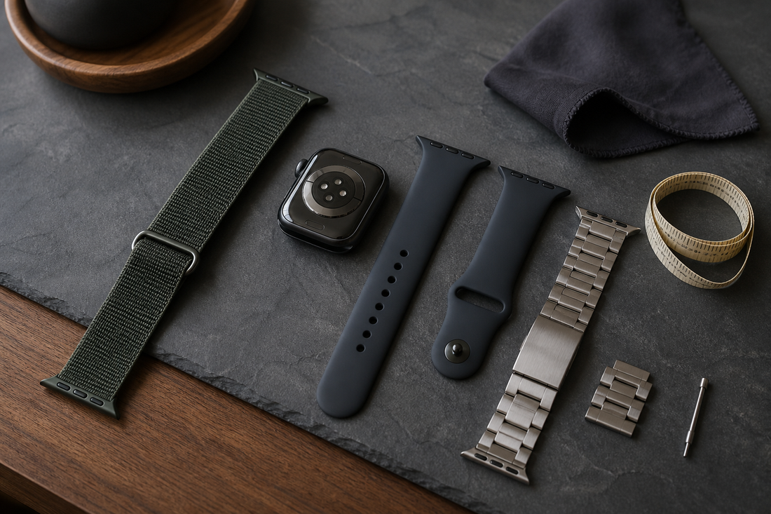 Apple Watch bands arranged with a measuring tape for larger wrist fit