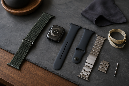 Apple Watch bands arranged with a measuring tape for larger wrist fit
