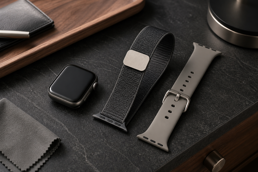 Magnetic and buckle Apple Watch bands arranged beside an unbranded smartwatch