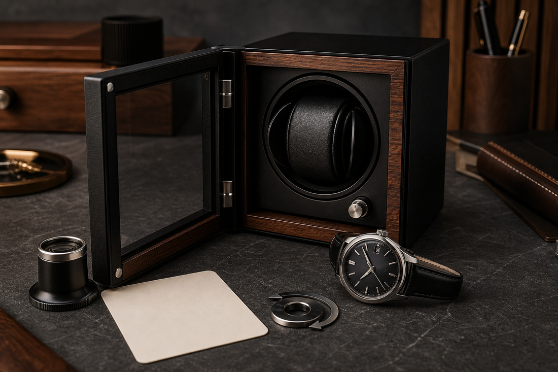 Automatic watch beside an open single-slot winder for setting TPD and direction