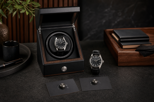 Automatic watch beside a single-slot winder with low and high TPD setting cards