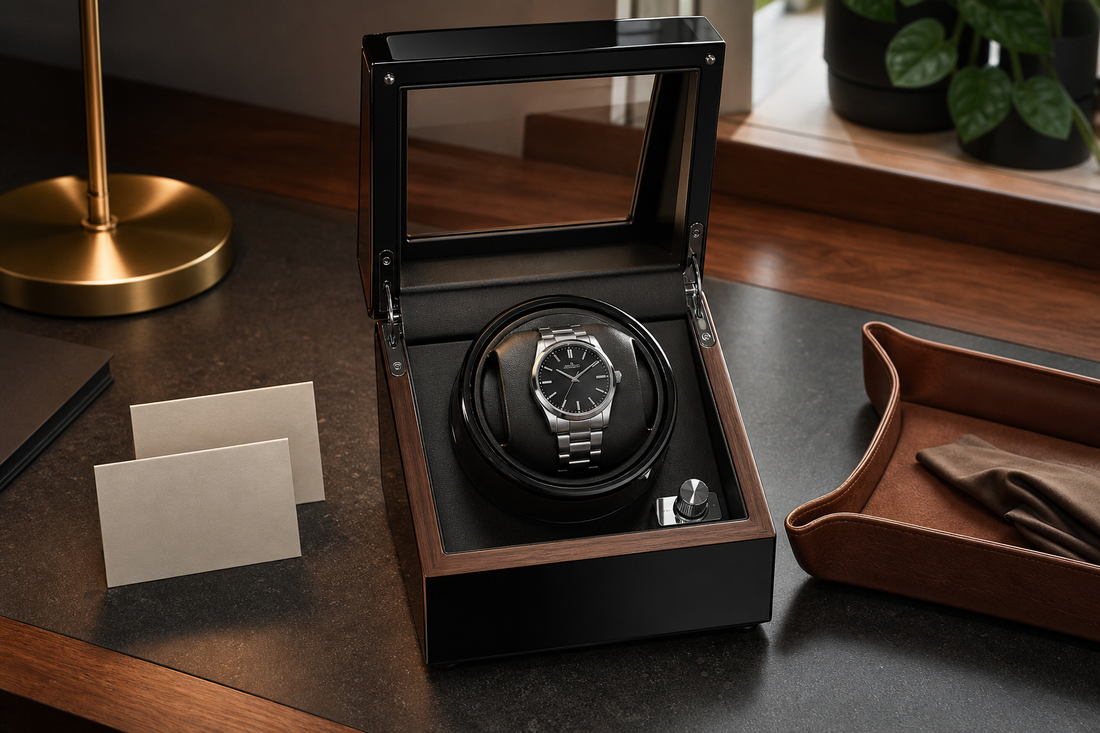 Automatic watch in an open single-slot winder on a UK home office desk