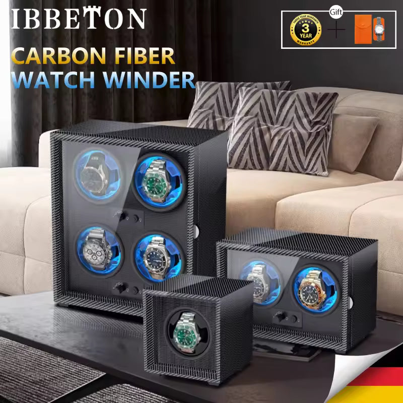 1/2/3/4/6 Slots Automatic Watch Winder - Luxury Carbon Fiber Texture Watch Box with Mute Motor