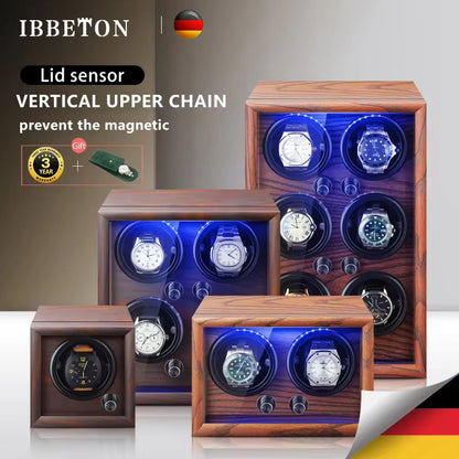 1/2/4/6 Slots Mechanical Wooden Watch Winder - Luxury Wood Watch Box with LED Light and Sensor