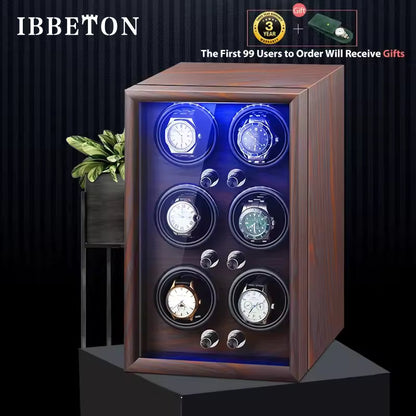 1/2/4/6 Slots Mechanical Wooden Watch Winder - Luxury Wood Watch Box with LED Light and Sensor