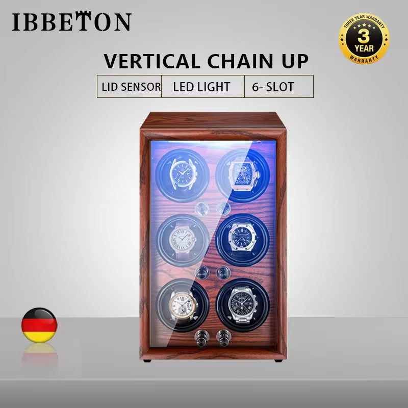 1/2/4/6 Slots Mechanical Wooden Watch Winder - Luxury Wood Watch Box with LED Light and Sensor