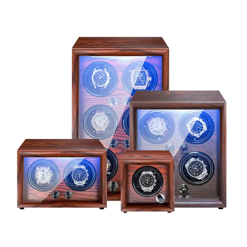 1/2/4/6 Slots Mechanical Wooden Watch Winder - Luxury Wood Watch Box with LED Light and Sensor