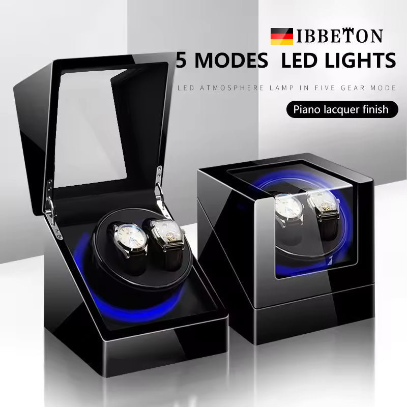 1/2 Slots Watch Winder with LED Light - PU Leather, Wood Watch Box