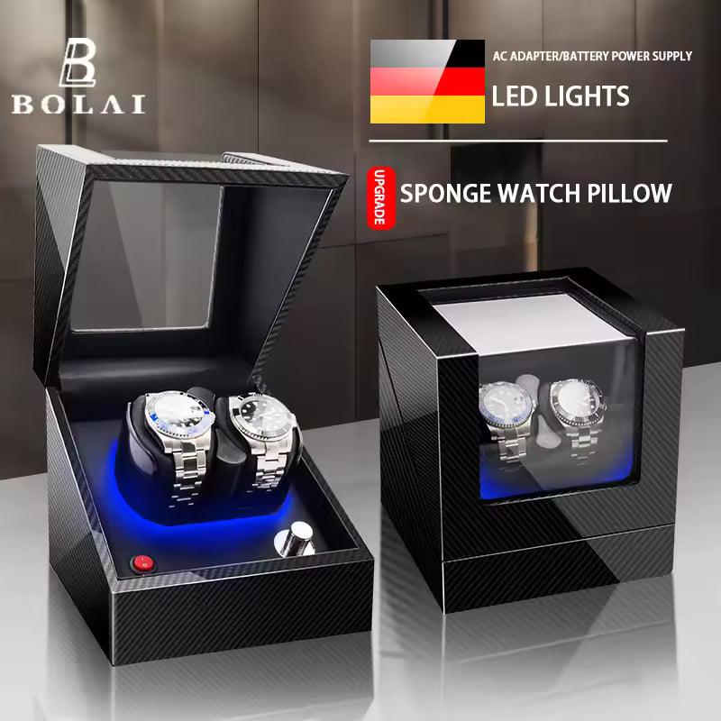 1/2 Slots Watch Winder with LED Light - PU Leather, Wood Watch Box