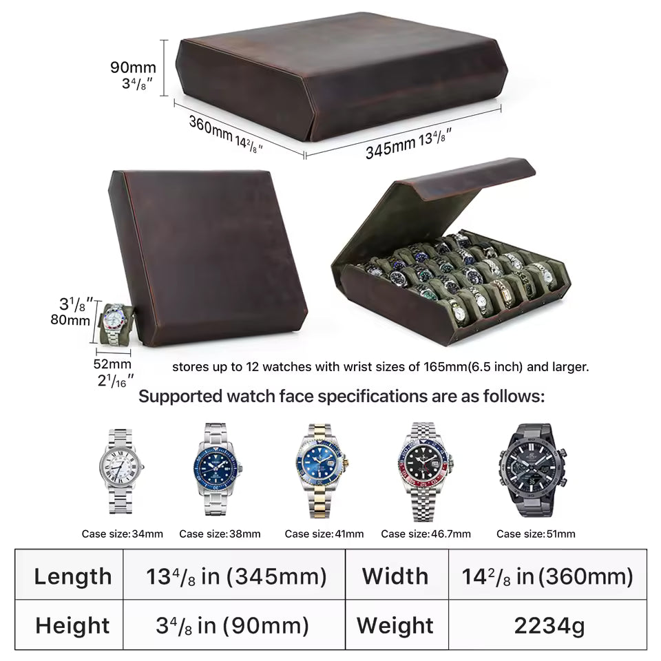 12/16/20 Slots Genuine Leather Watch Box - Luxury Watch Organizer Gift for Men