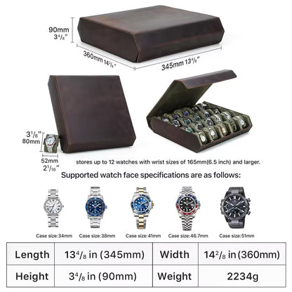 12/16/20 Slots Genuine Leather Watch Box - Luxury Watch Organizer Gift for Men