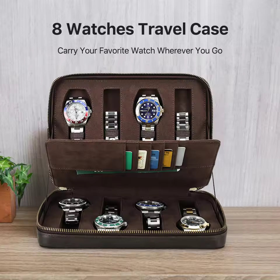 1/4/8 Slots Crazy Horse Cowhide Leather Watch Case - Portable Watch Box with Card Holder Pocket