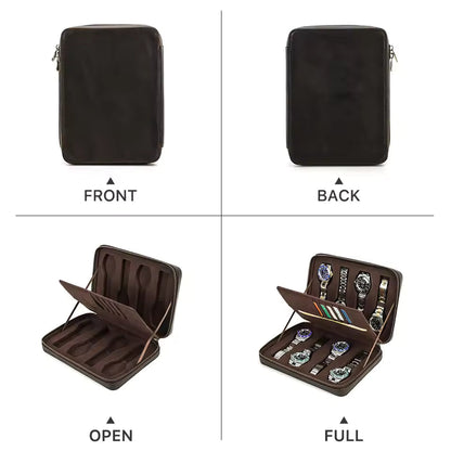 1/4/8 Slots Crazy Horse Cowhide Leather Watch Case - Portable Watch Box with Card Holder Pocket