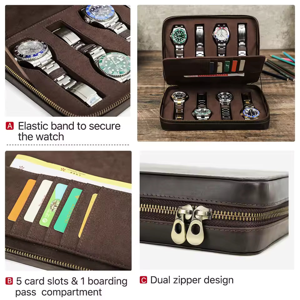 1/4/8 Slots Crazy Horse Cowhide Leather Watch Case - Portable Watch Box with Card Holder Pocket