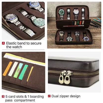 1/4/8 Slots Crazy Horse Cowhide Leather Watch Case - Portable Watch Box with Card Holder Pocket