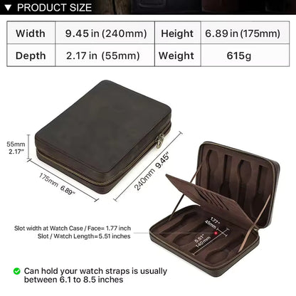 1/4/8 Slots Crazy Horse Cowhide Leather Watch Case - Portable Watch Box with Card Holder Pocket
