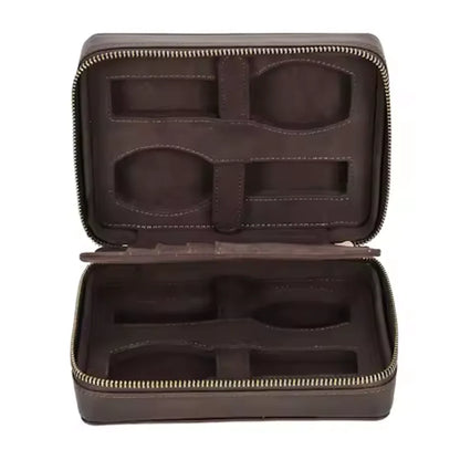 1/4/8 Slots Crazy Horse Cowhide Leather Watch Case - Portable Watch Box with Card Holder Pocket