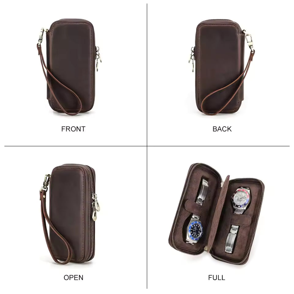 Men's Genuine Leather 2/4/6/8 Slots Watch Case - Travel Portable Watch Box Organizer