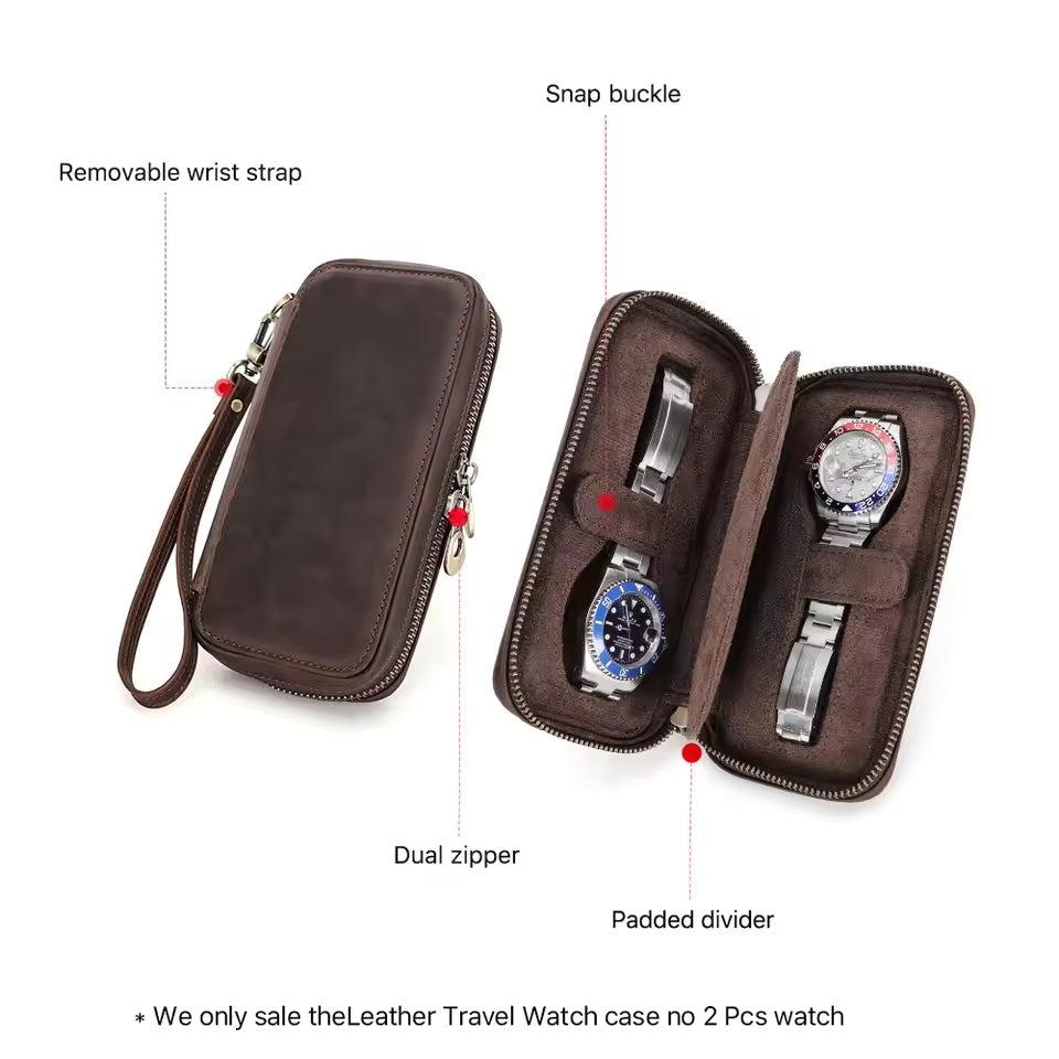 Men's Genuine Leather 2/4/6/8 Slots Watch Case - Travel Portable Watch Box Organizer