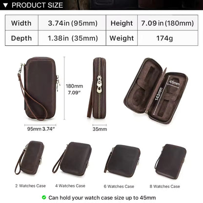 Men's Genuine Leather 2/4/6/8 Slots Watch Case - Travel Portable Watch Box Organizer