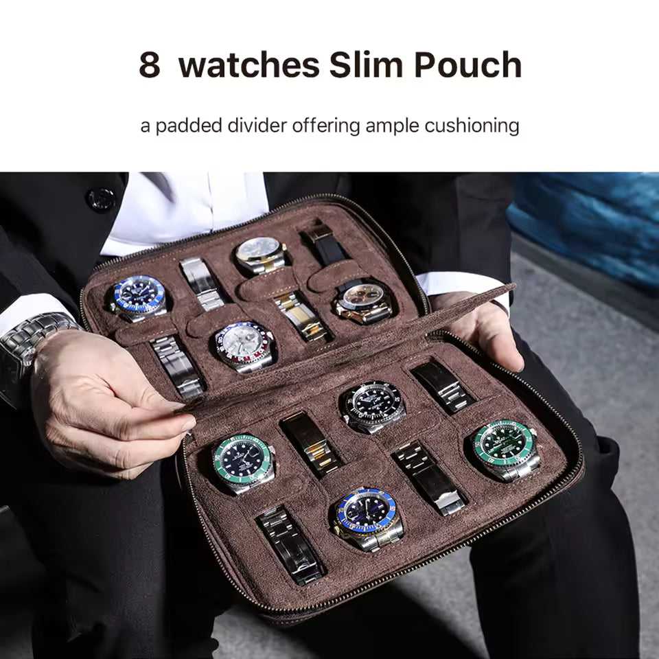 Men's Genuine Leather 2/4/6/8 Slots Watch Case - Travel Portable Watch Box Organizer
