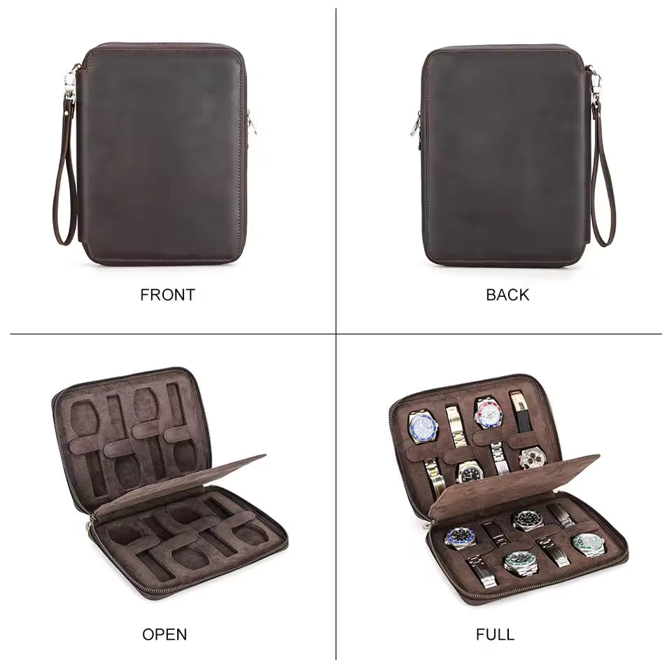 Men's Genuine Leather 2/4/6/8 Slots Watch Case - Travel Portable Watch Box Organizer