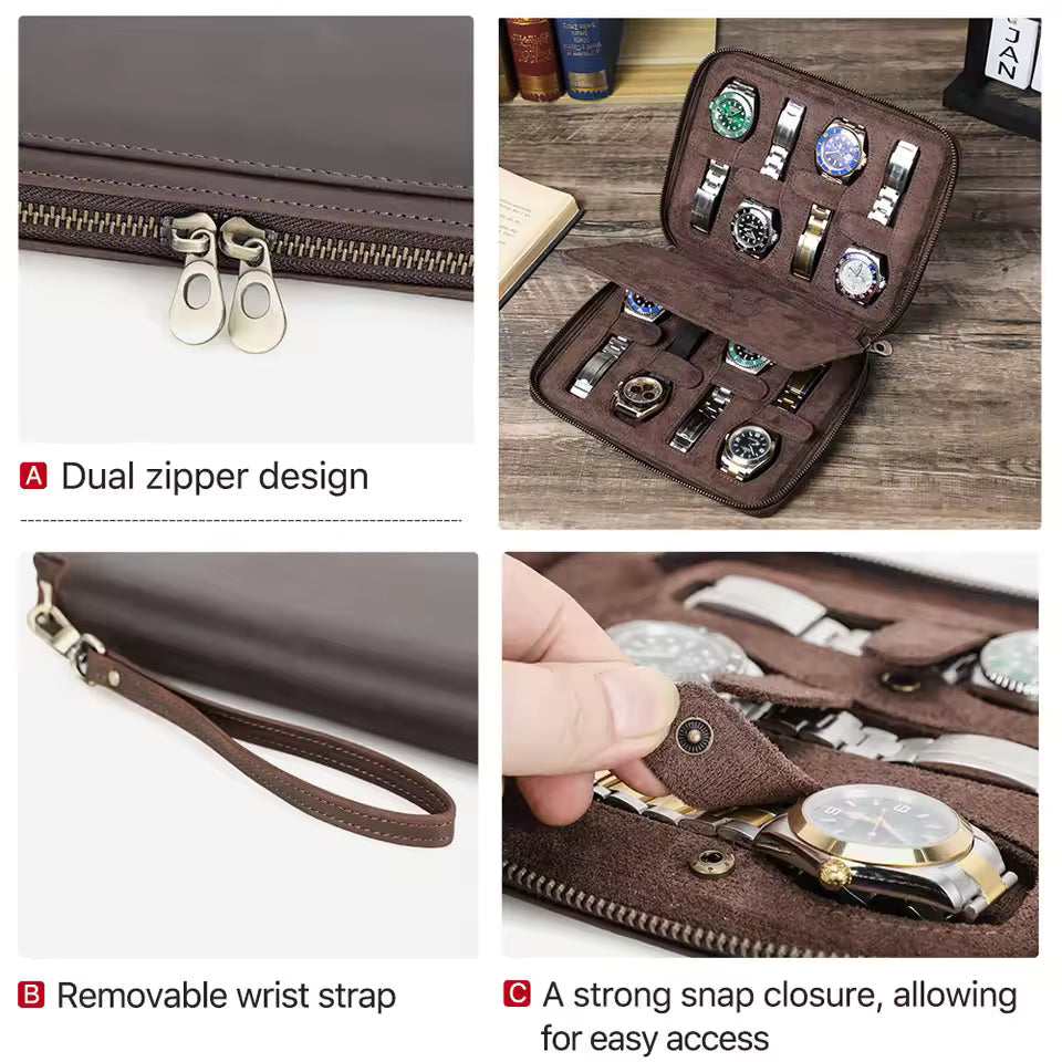 Men's Genuine Leather 2/4/6/8 Slots Watch Case - Travel Portable Watch Box Organizer