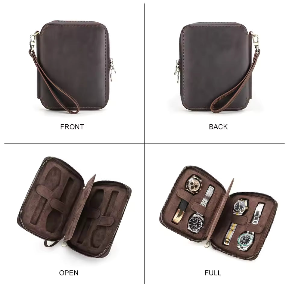 Men's Genuine Leather 2/4/6/8 Slots Watch Case - Travel Portable Watch Box Organizer