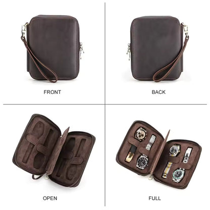 Men's Genuine Leather 2/4/6/8 Slots Watch Case - Travel Portable Watch Box Organizer