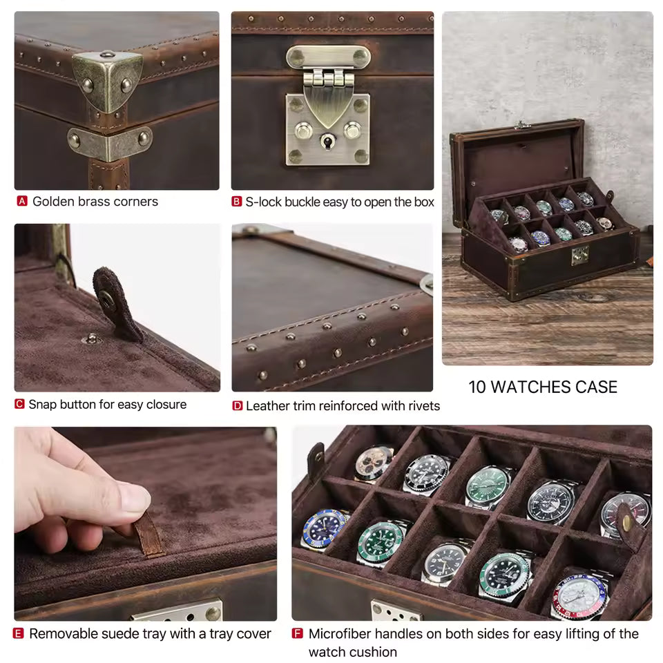 6/8/10 Slots Genuine Leather Watch Box - Luxury Watch Organizer Gift for Men