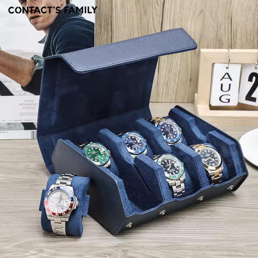 Saffiano Genuine Leather 6/8 Slots Watch Roll Case - Watch Box Organizer for Men & Women