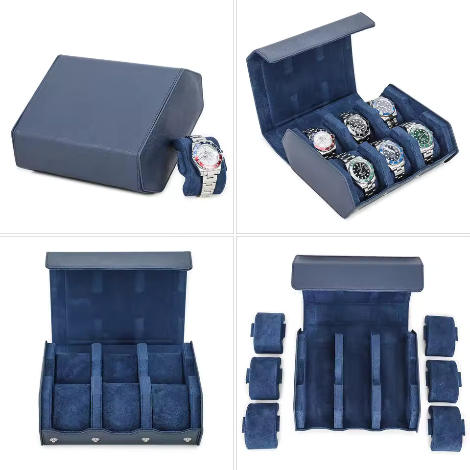 Saffiano Genuine Leather 6/8 Slots Watch Roll Case - Watch Box Organizer for Men & Women