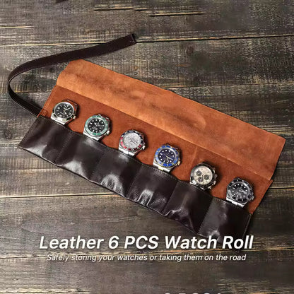 6-Slot Men's Vintage Leather Watch Roll Case