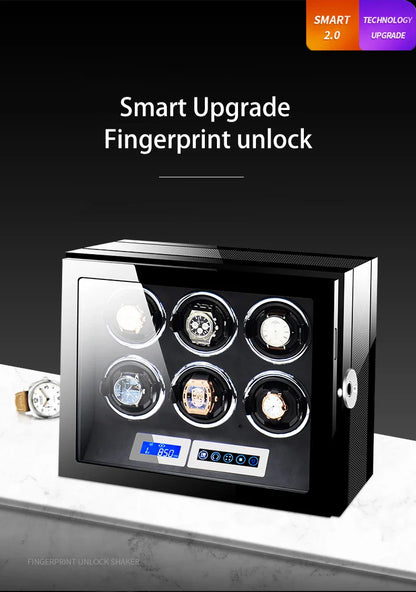 Luxury Fingerprint Unlock Watch Winder with LCD Touch Screen - Automatic Wooden Watch Storage Box