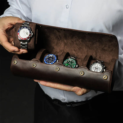 Premium Nubuck Leather 4-Slot Watch Travel Case and Multi-Functional Bracelet Display Organizer