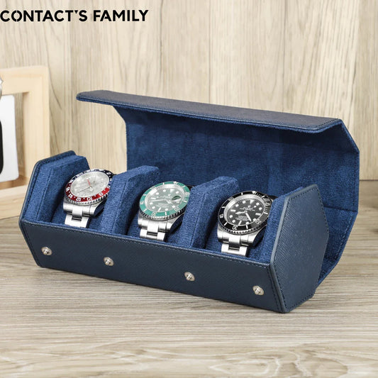 Saffiano Genuine Leather 3-Slot Watch Roll Case - Portable Hexagon Watch Storage Box