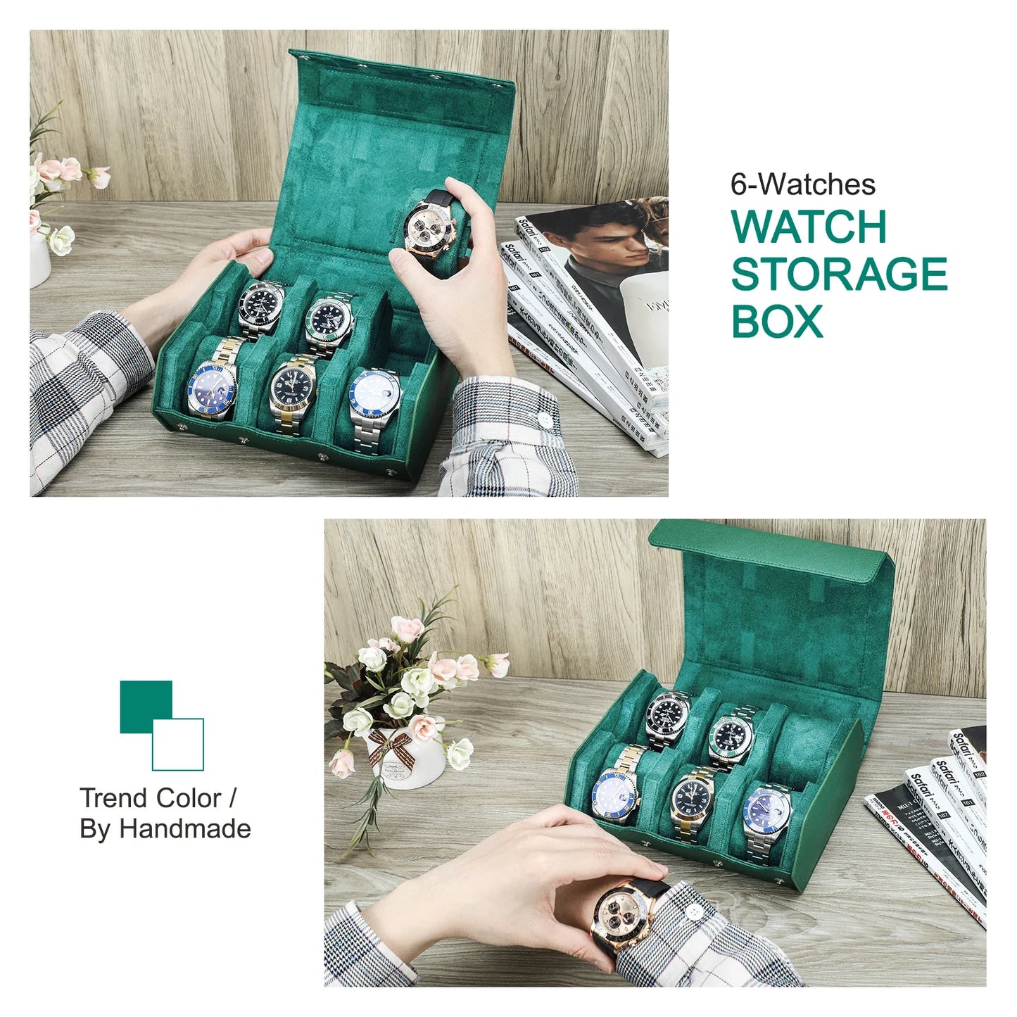 Exquisite Green Genuine Leather Hexagon Watch Display Case - 2/3/4/6/8 Slot Storage Organizer