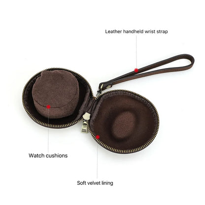 Portable Genuine Leather Single Watch Case - Donut Shape Watch Storage with Zipper