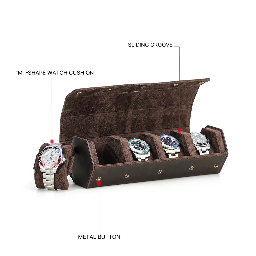 Vintage Genuine Leather Watch Roll Box - 1/2/3/4/6/8 Slot Travel Organizer and Display Holder for Men and Women