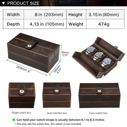 1/2/3 Slots Retro Genuine Leather Portable Watch Box with Metal Button - Luxury Watch Holder