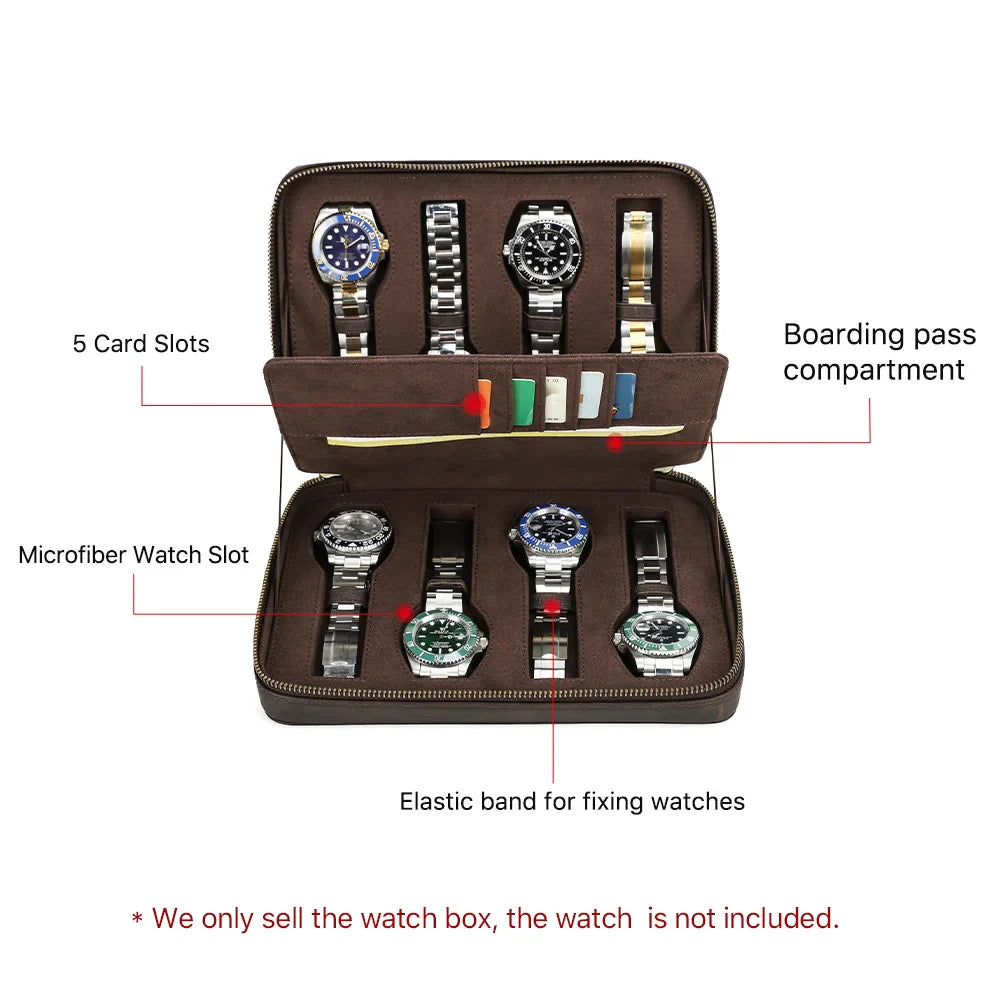 Handmade Genuine Leather Zipper Watch Box, Watch Case - 4/8 Slot Jewelry and Card Organizer